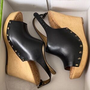 Sam Edelman Black Leather Studded Wooden Wedge Sandals
